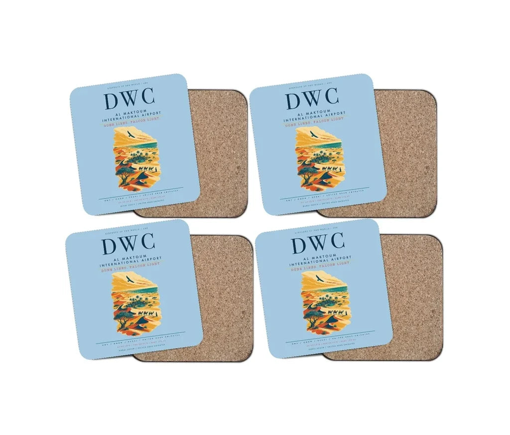 Al Maktoum International Airport (DWC) design on light blue 4 pieces set coaster