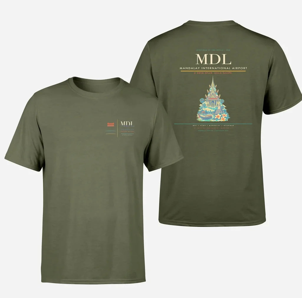 Mandalay International Airport (MDL) design printed on green army double-side t-shirt