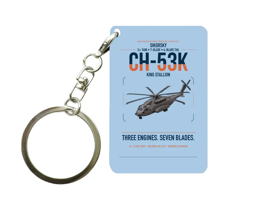 Sikorsky CH-53K King Stallion design on light blue designed key chain, double-side print