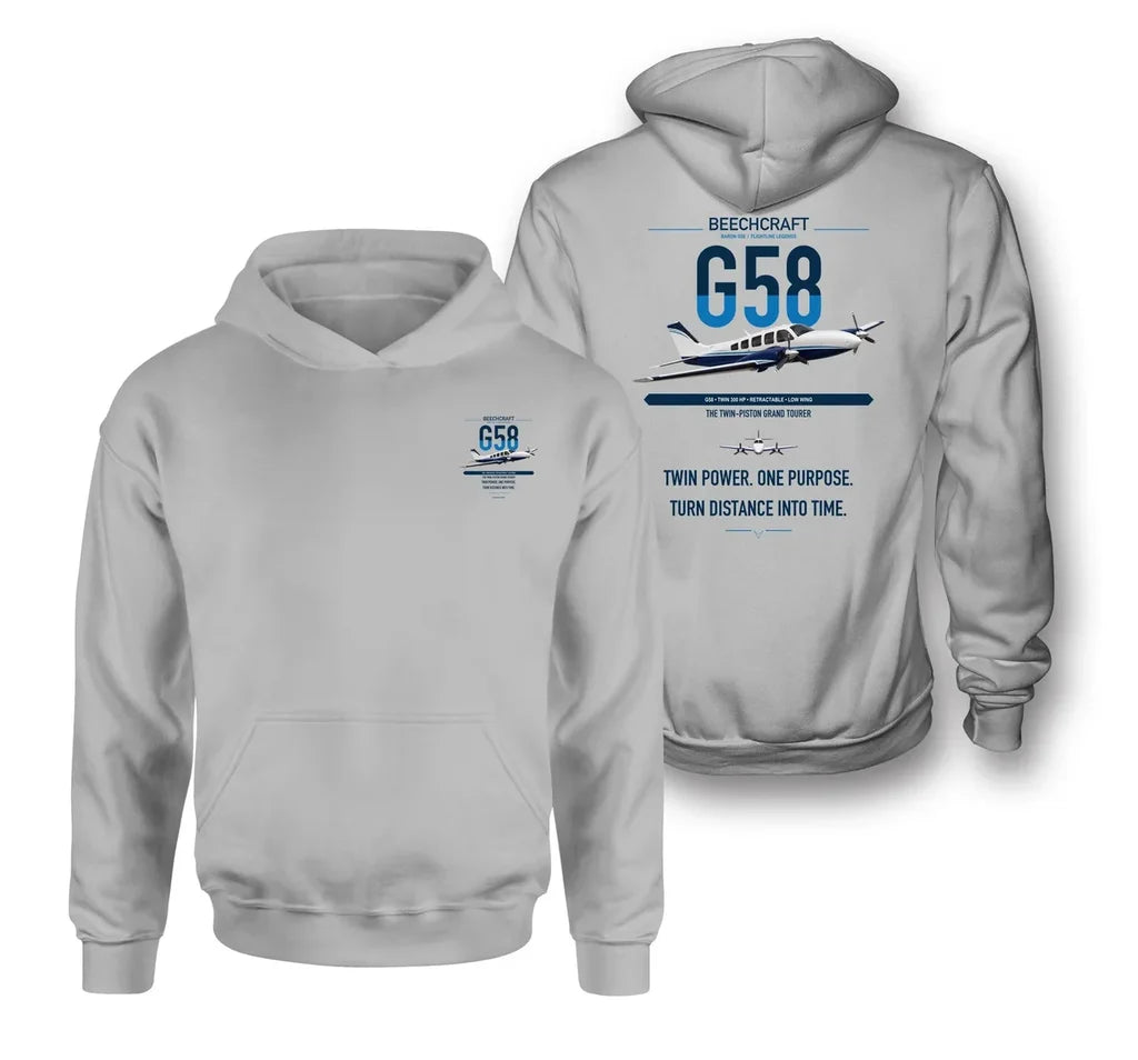 Beechcraft Baron G58 design on light gray double-side hoodie, double-side print