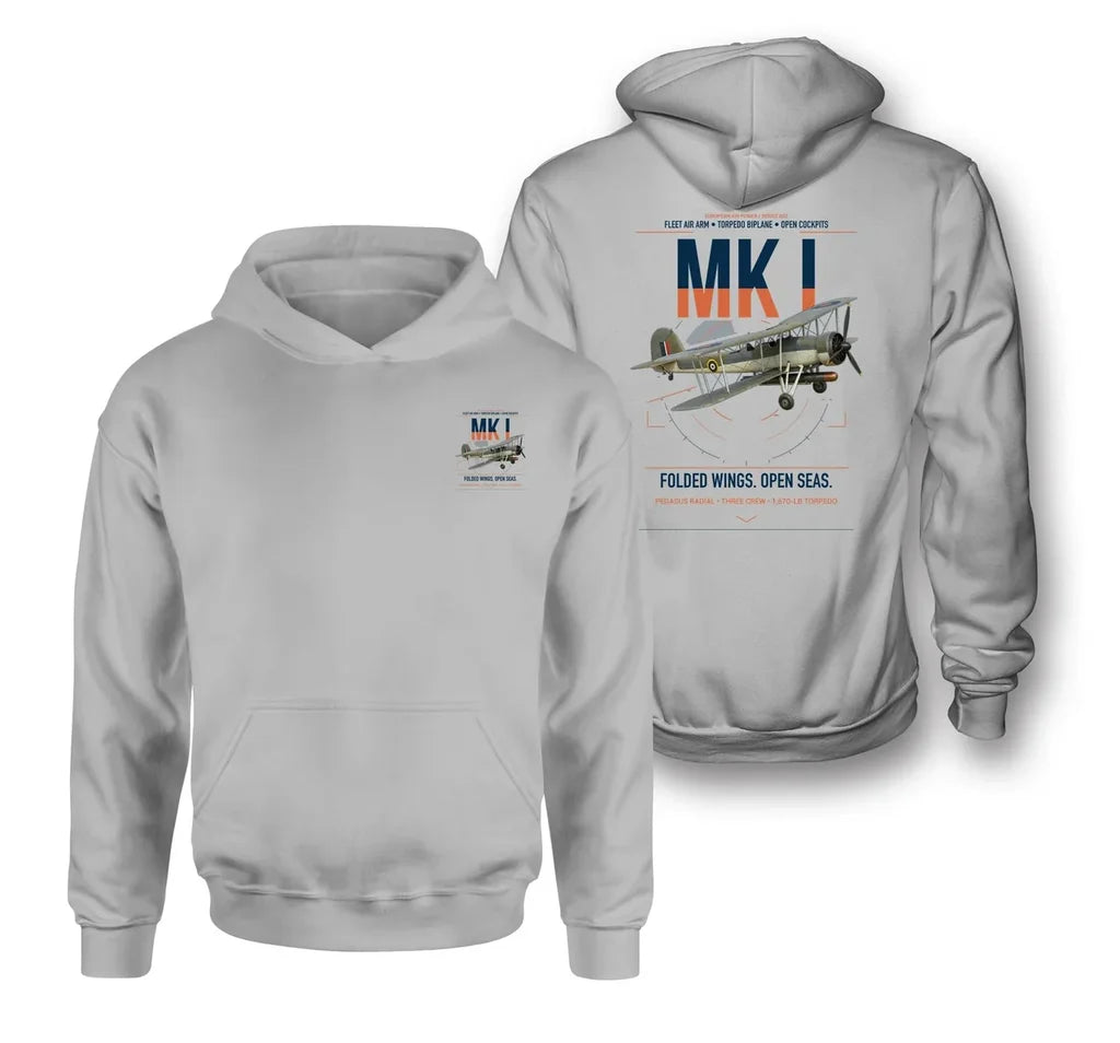 Fairey Swordfish Mk I design on light gray double-side hoodie, double-side print