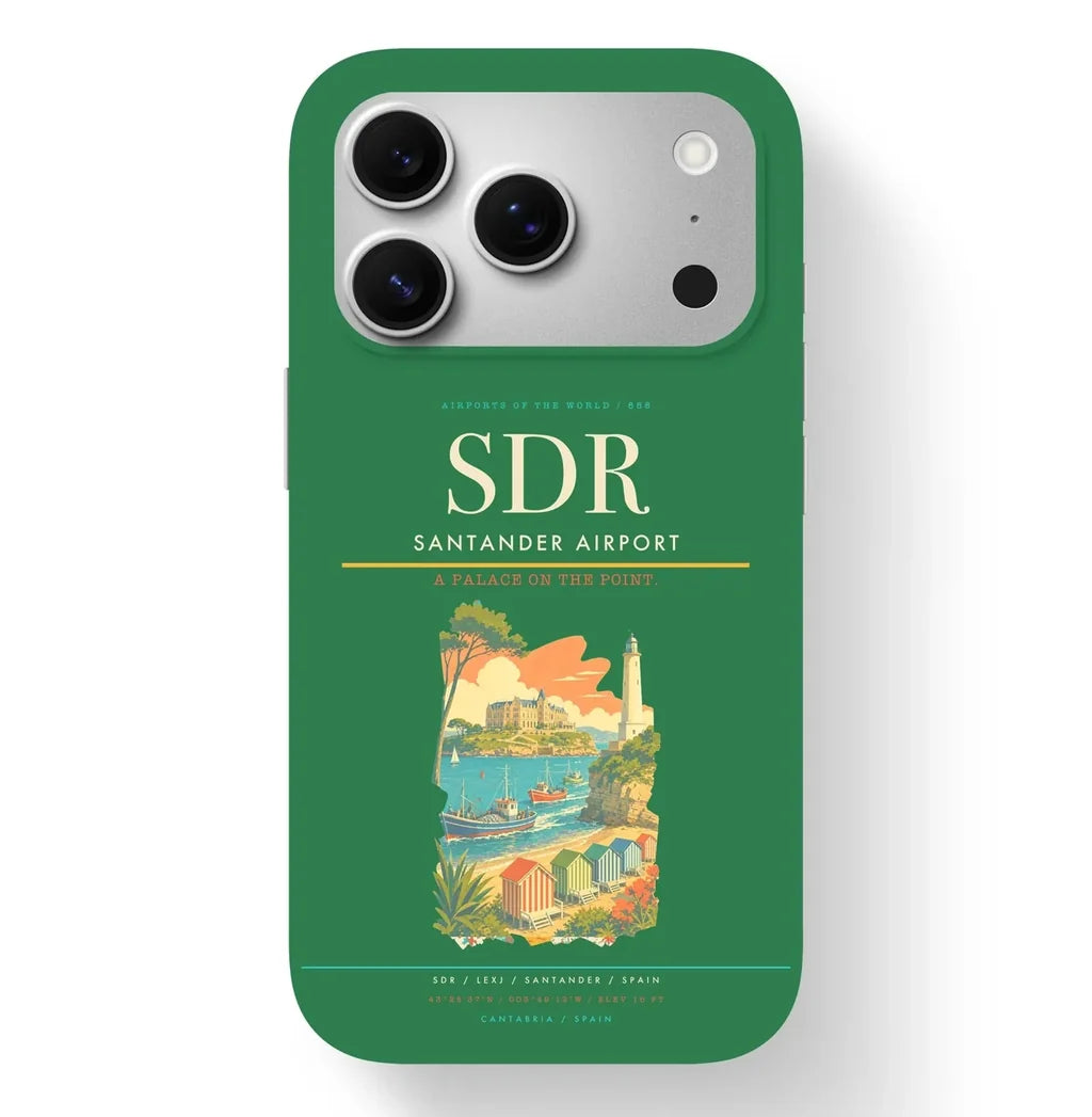 Santander Airport (SDR) design on green iPhone 17 Pro MagSafe case