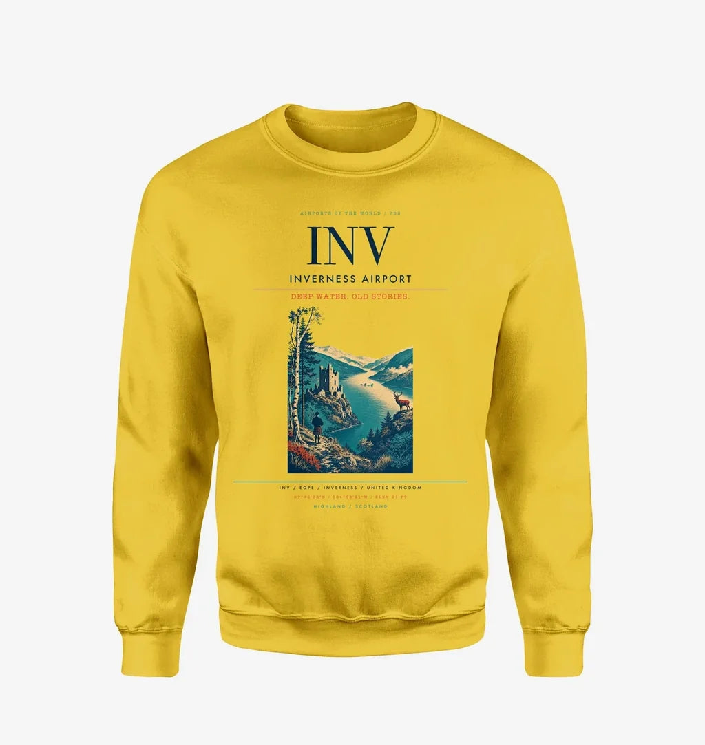 Inverness Airport (INV) design on yellow sweatshirt