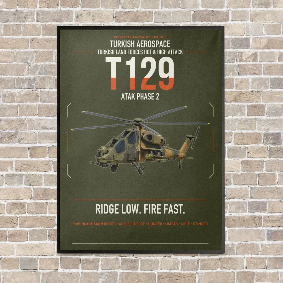 Turkish Aerospace T129 ATAK Phase 2 vertical canvas print - framed - green army background