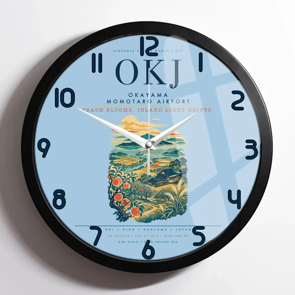 Okayama Momotaro Airport (OKJ) design on light blue framed wall clock