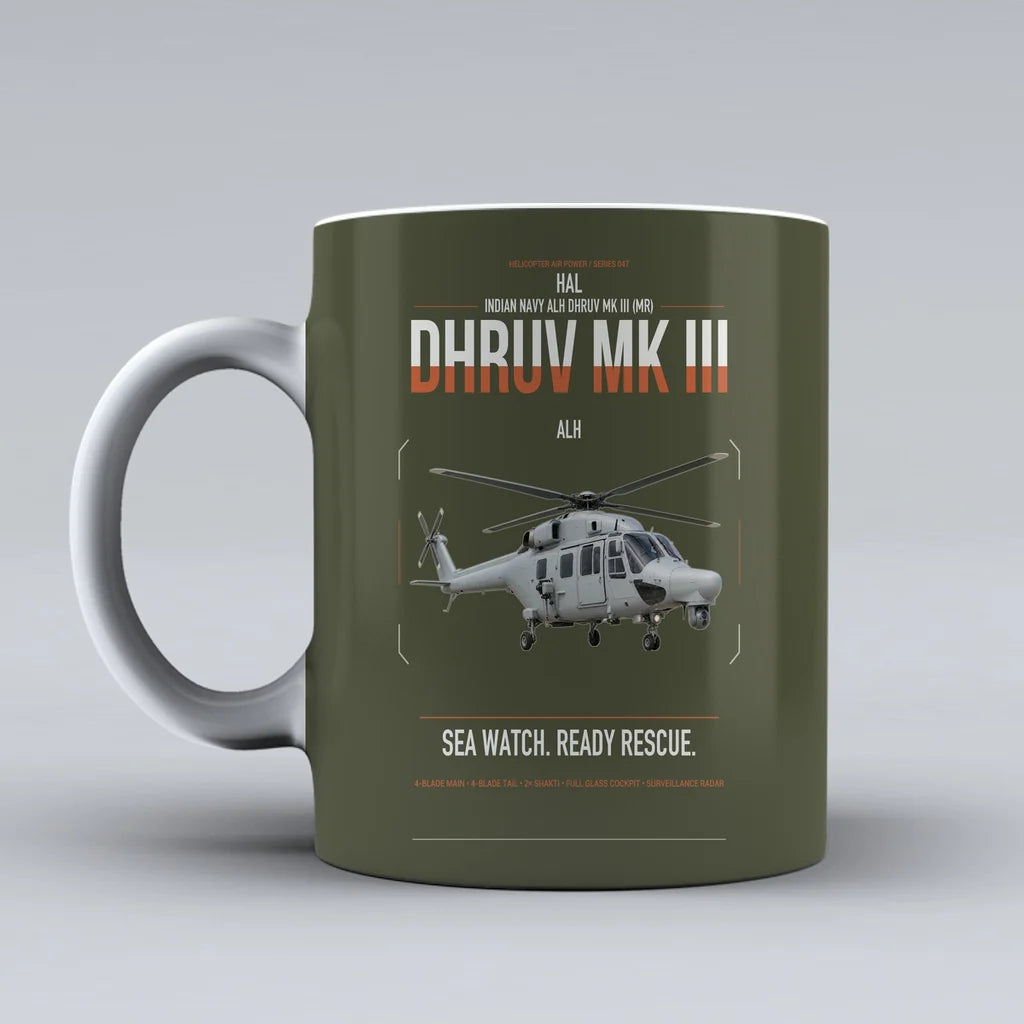 HAL ALH Dhruv Mk III design on green army ceramic mug, double-side print