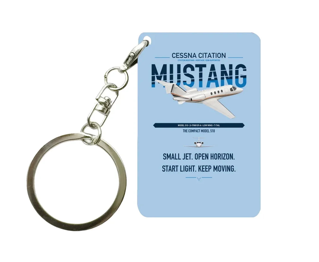 Cessna Citation Mustang design on light blue designed key chain, double-side print