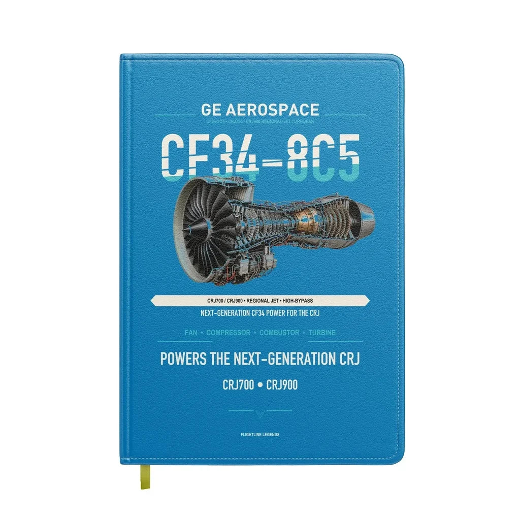 CF34-8C5 design on turquoise notebook