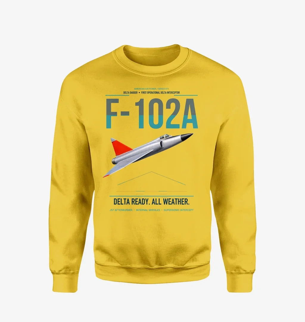 F-102A Delta Dagger design on yellow sweatshirt