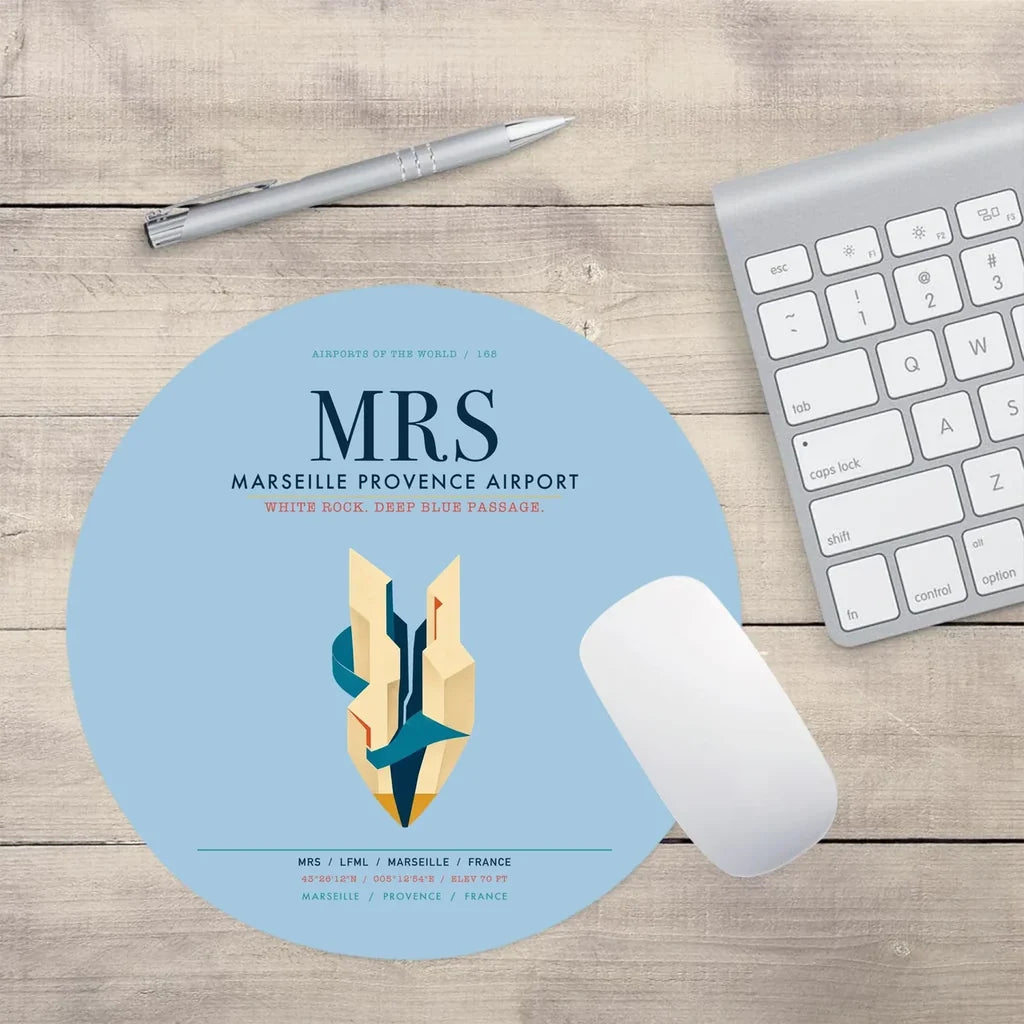 Marseille Provence Airport (MRS) design on light blue round mouse pad