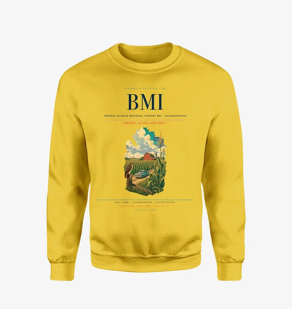 Central Illinois Regional Airport (BMI) design on yellow sweatshirt