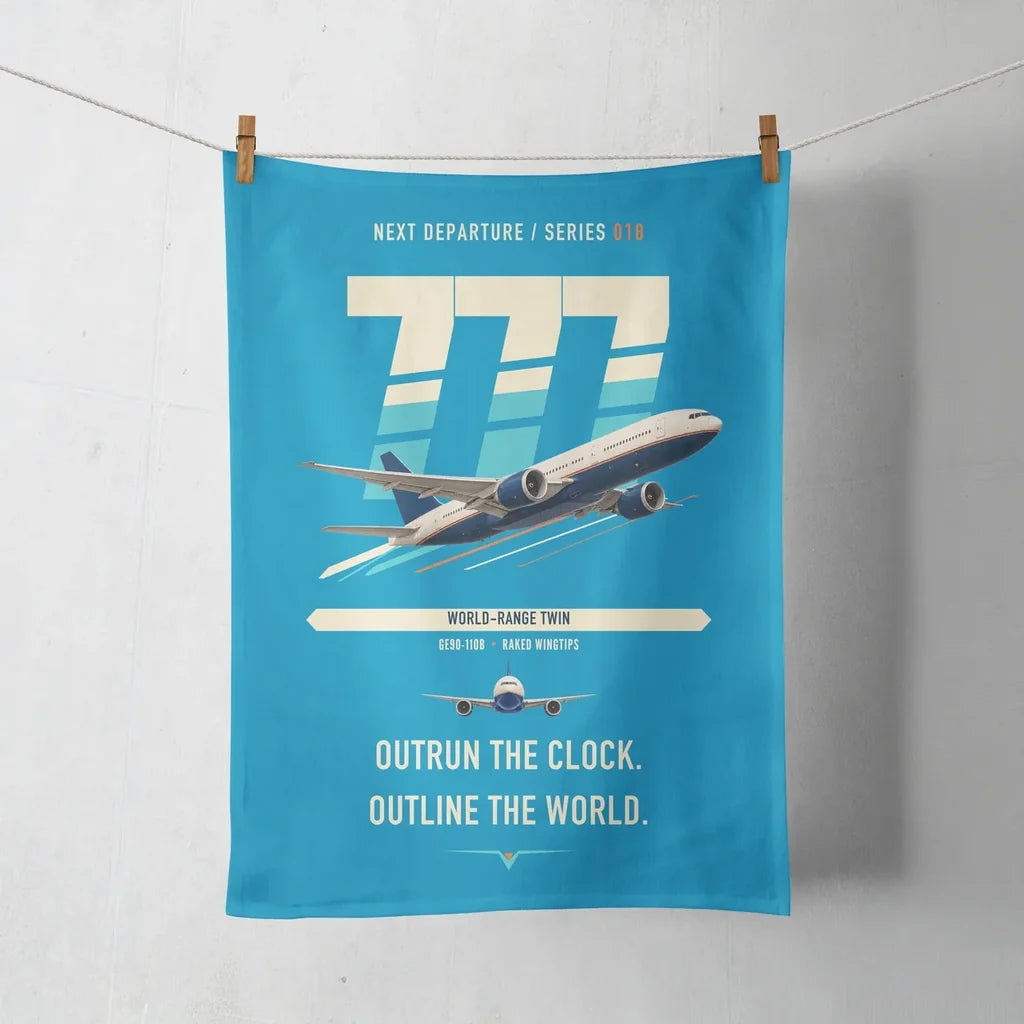 Boeing 777-200LR design on turquoise towel
