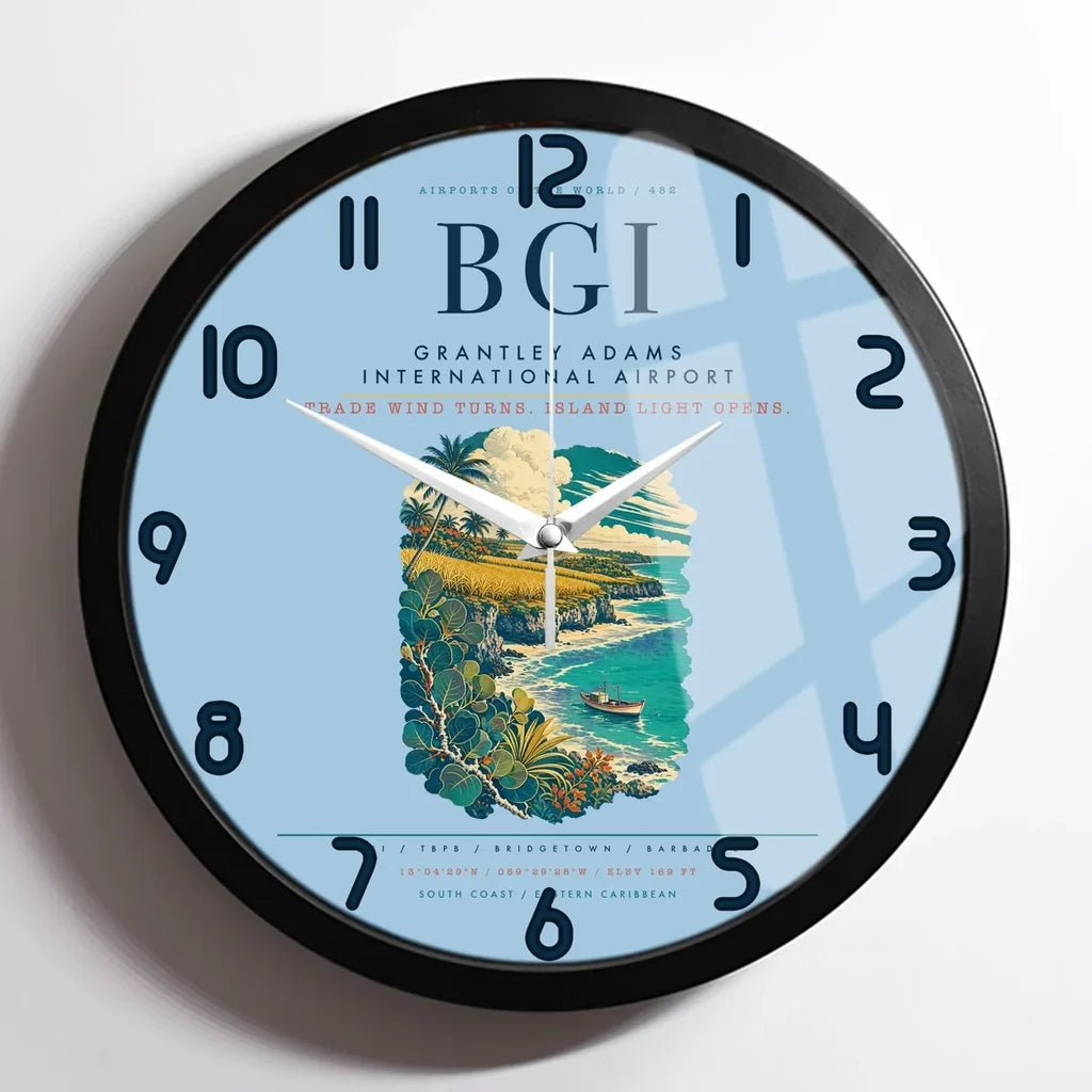 Grantley Adams International Airport (BGI) design on light blue framed wall clock