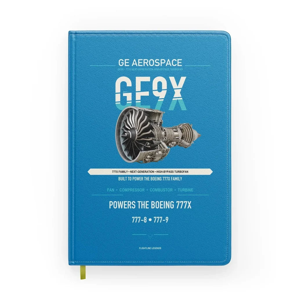 GE9X design on turquoise notebook