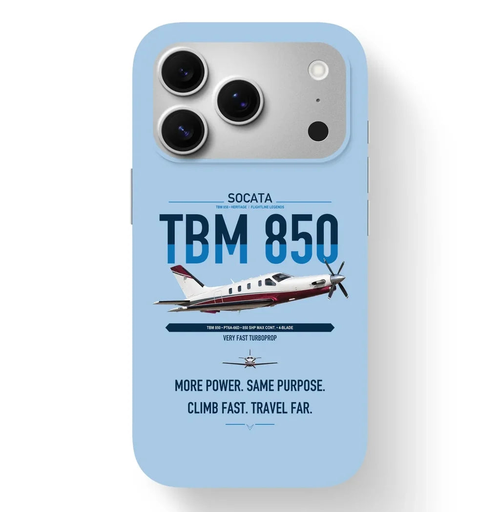 Socata TBM 850 design on light blue magsafe iphone case, for iPhone 17 Pro