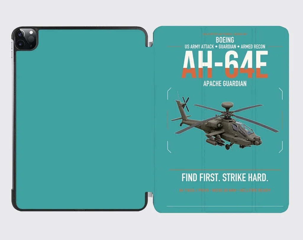 Boeing AH-64E Apache Guardian design on turquoise ipad tablet case