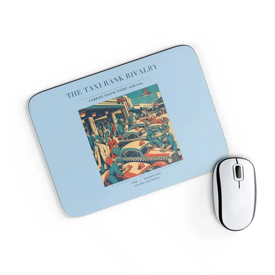 VINTAGE G4376 - The Taxi Rank Rivalry - Designed Mouse Pads design on lightblue rectangle