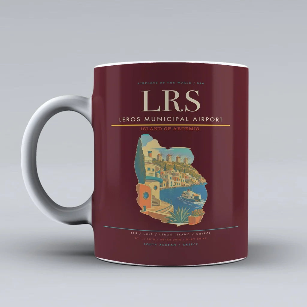 Leros Municipal Airport (LRS) airport code design on dark red ceramic mug