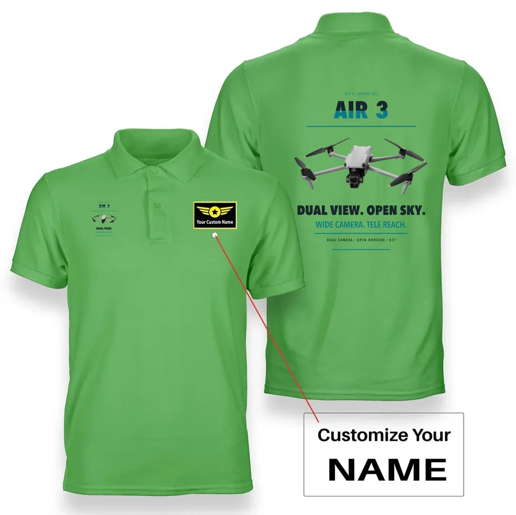 DJI Air 3 design on light green polo with custom name badge
