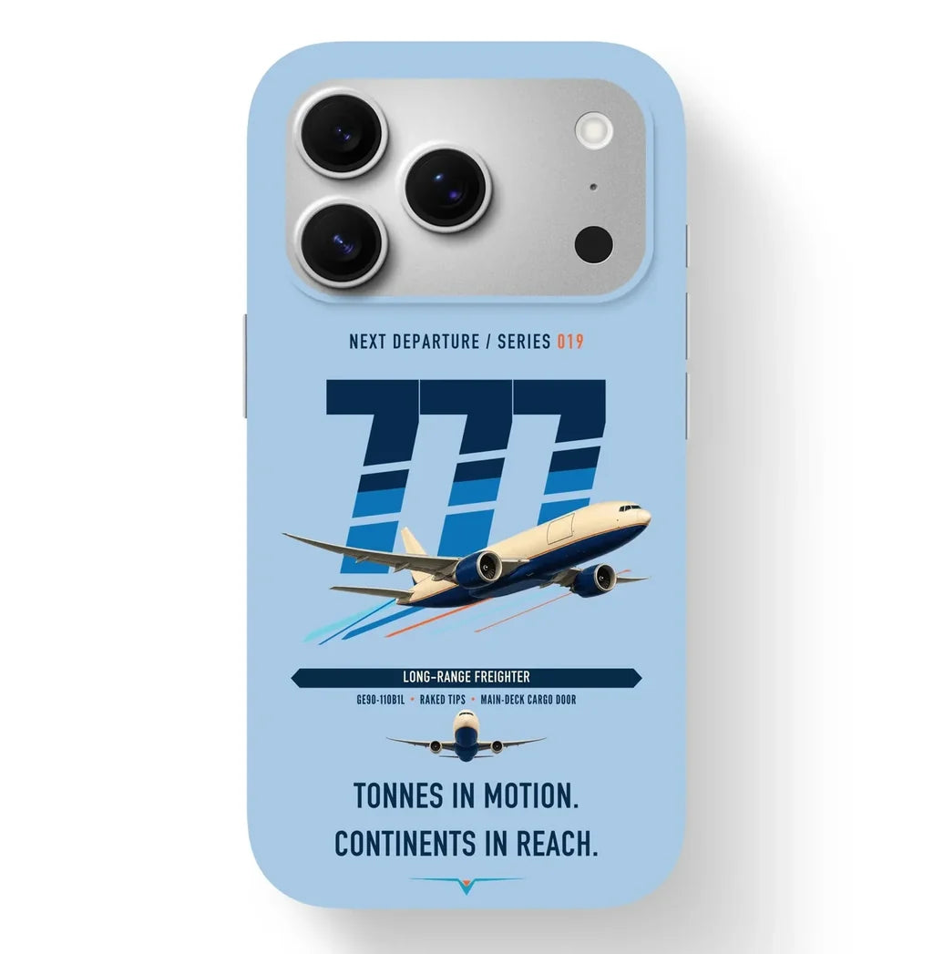 Boeing 777F design on light blue magsafe iphone case