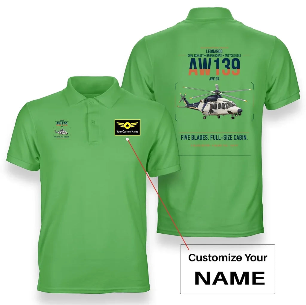 Leonardo AW139 design on light green+name double-side polo t-shirt, double-side print