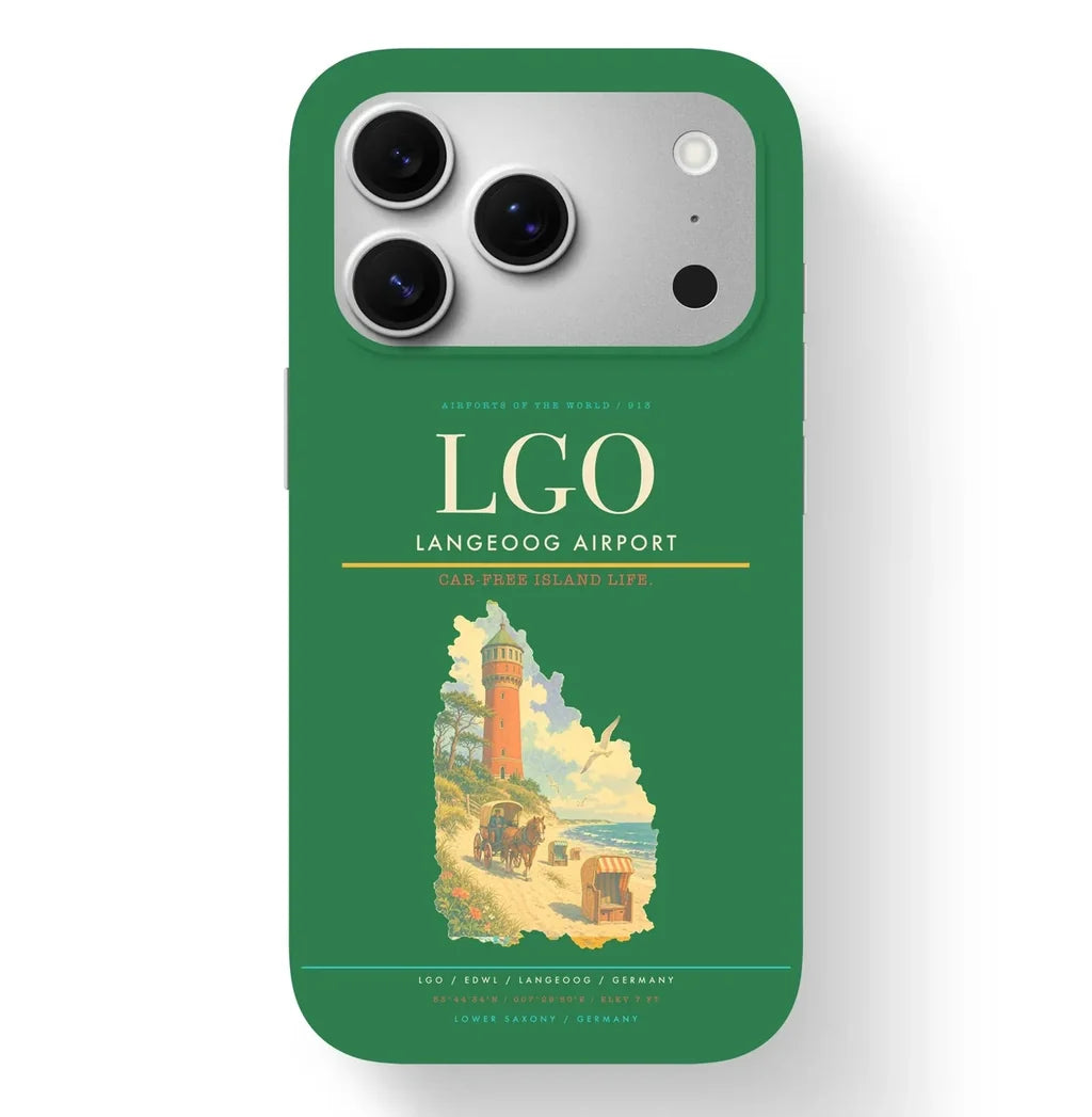 Langeoog Airport (LGO) design on green iPhone 17 Pro MagSafe case