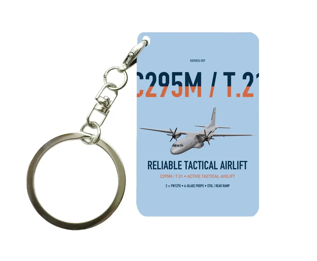 Airbus C295M T.21 design on light blue designed key chain, double-side print