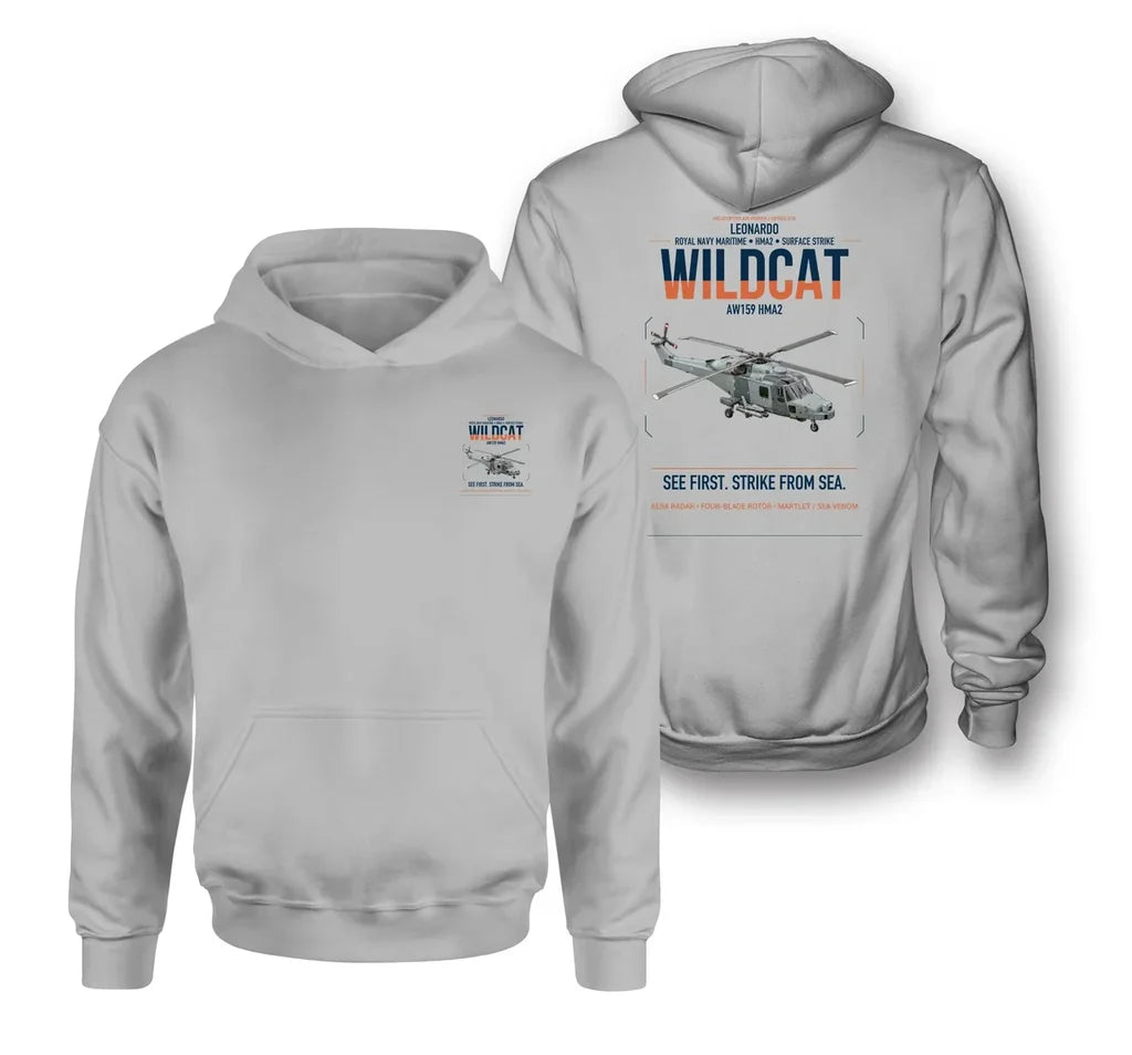 Leonardo AW159 Wildcat HMA2 design on light gray double-side hoodie, double-side print