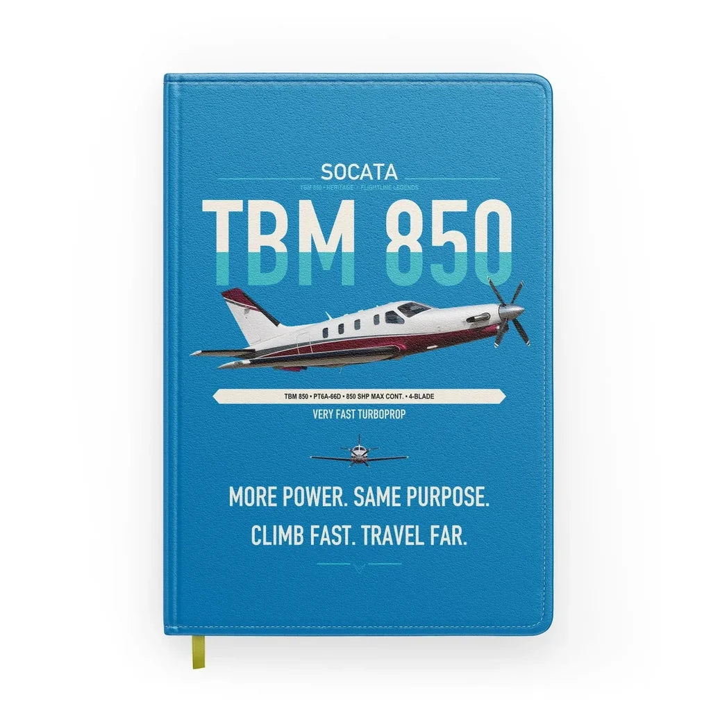 Socata TBM 850 design on turquoise notebook