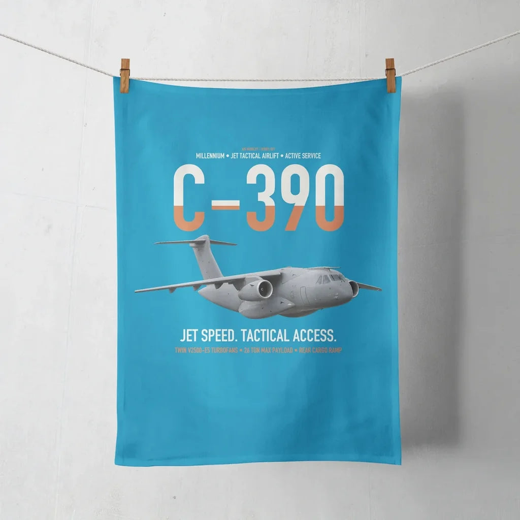 C-390 Millennium design on turquoise towel