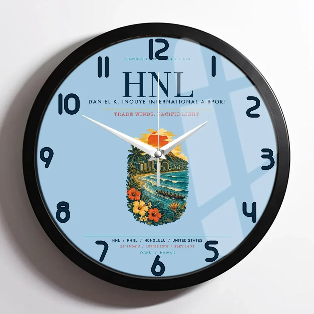 Honolulu Daniel K. Inouye International Airport (HNL) design on light blue framed wall clock