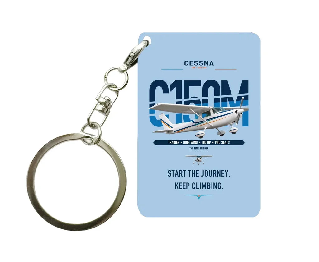Cessna 150M design on light blue designed key chain, double-side print