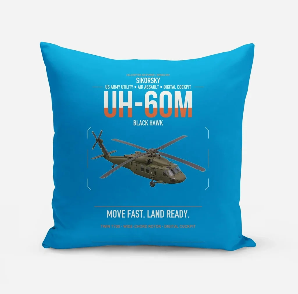 Sikorsky UH-60M Black Hawk design on turquoise pillow