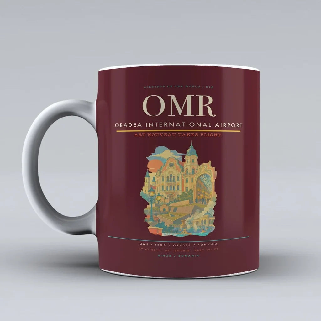 Oradea International Airport (OMR) airport code design on dark red ceramic mug