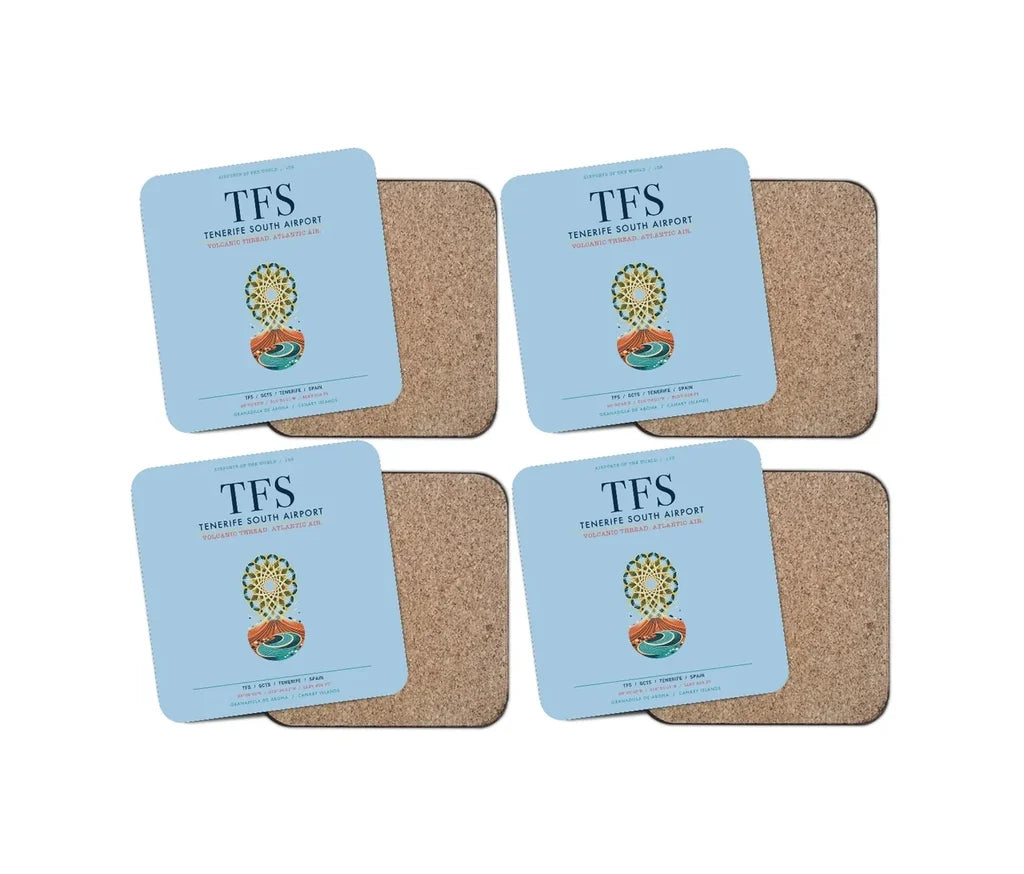 Tenerife South Airport (TFS) design on light blue 4 pieces set coaster