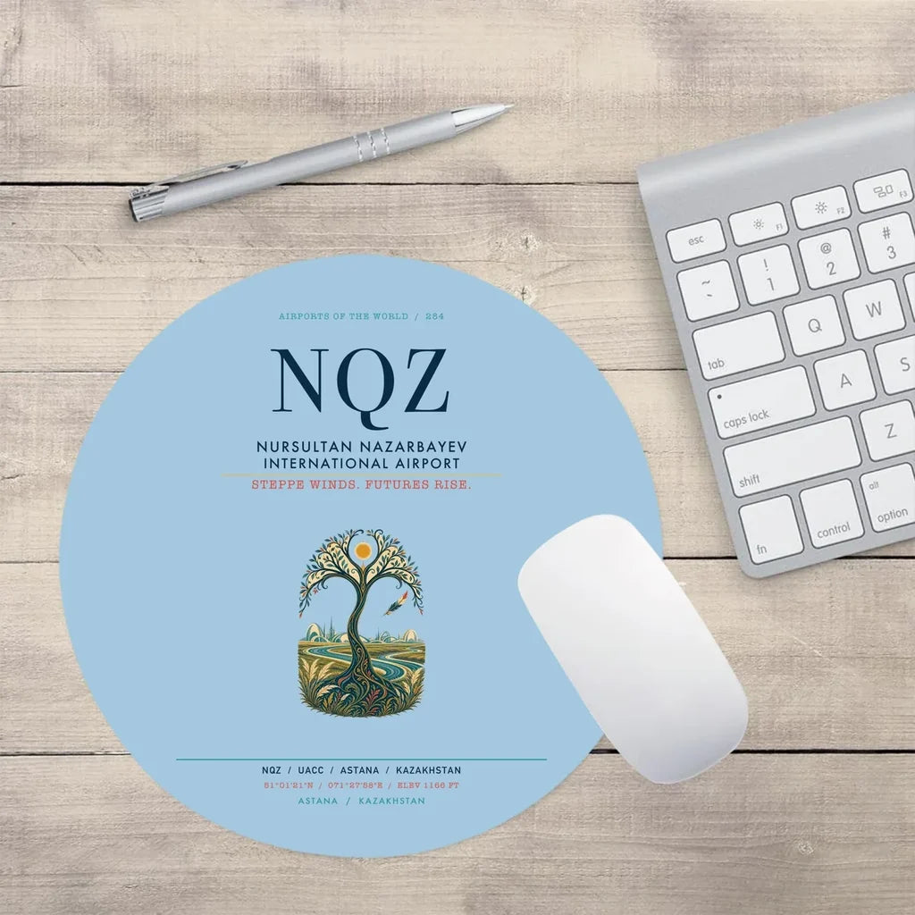 Nursultan Nazarbayev International Airport Astana (NQZ) design on light blue round mouse pad