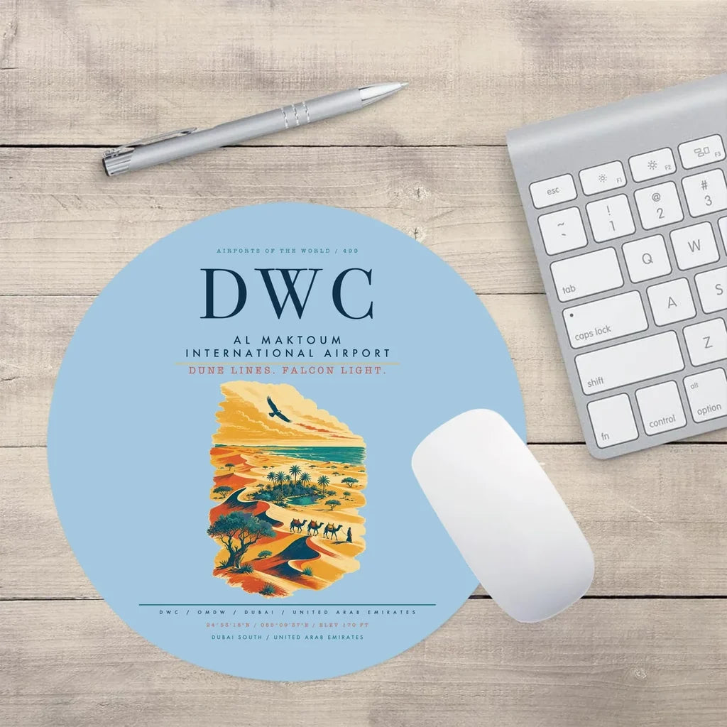 Al Maktoum International Airport (DWC) design on light blue round mouse pad