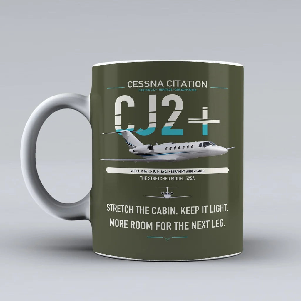 Cessna Citation CJ2+ design on green army ceramic mug, double-side print