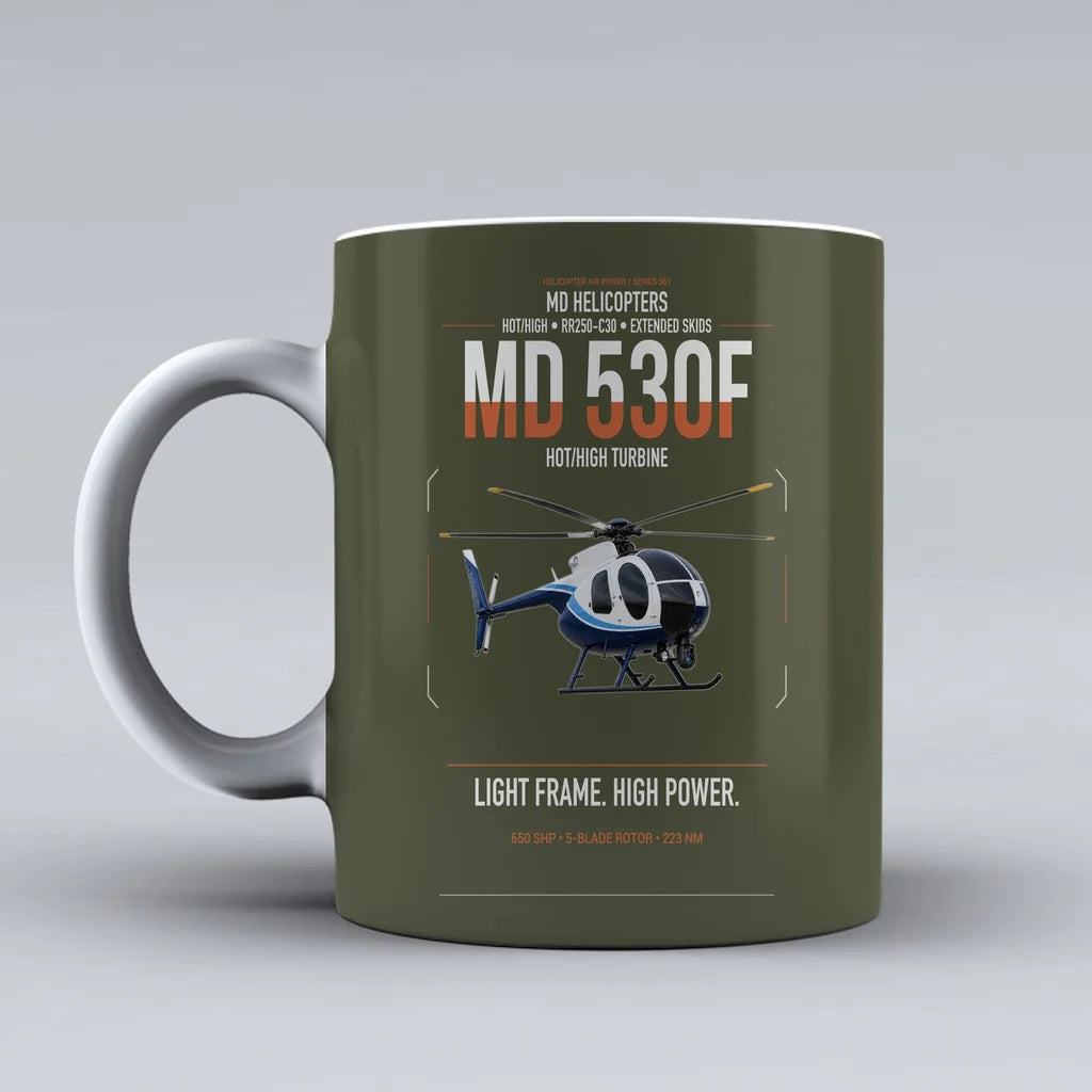 MD Helicopters MD 530F design on green army ceramic mug, double-side print