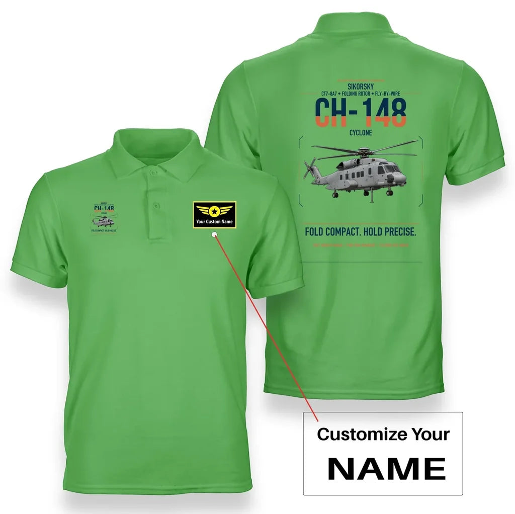 Sikorsky CH-148 Cyclone design on light green+name double-side polo t-shirt, double-side print