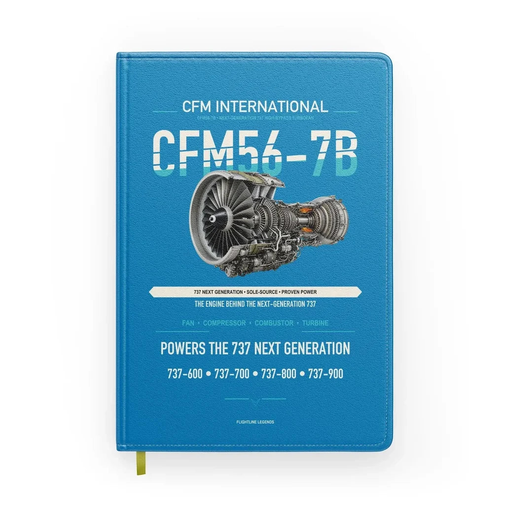 CFM56-7B design on turquoise notebook