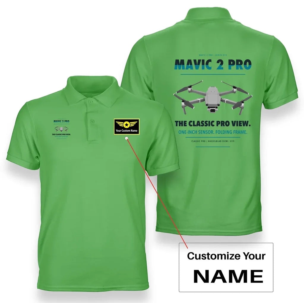 DJI Mavic 2 Pro design on light green polo with custom name badge