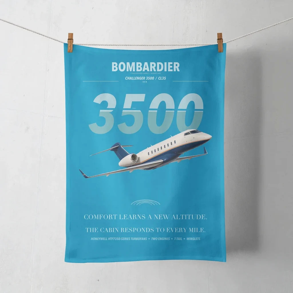 Bombardier Challenger 3500 design on turquoise towel