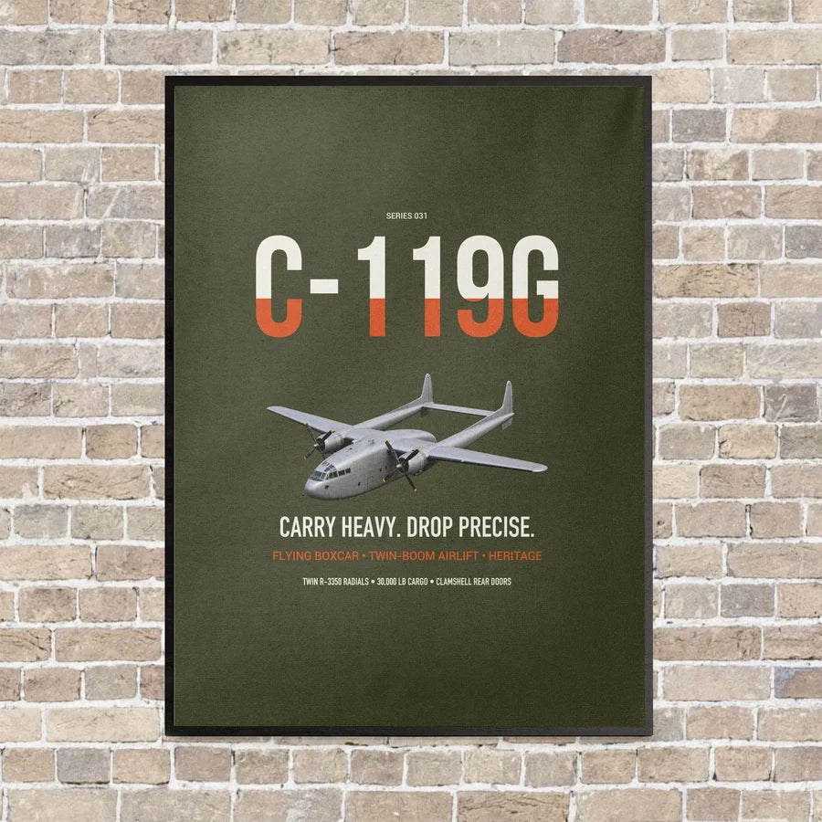 C-119G Flying Boxcar vertical canvas print - framed - green army background