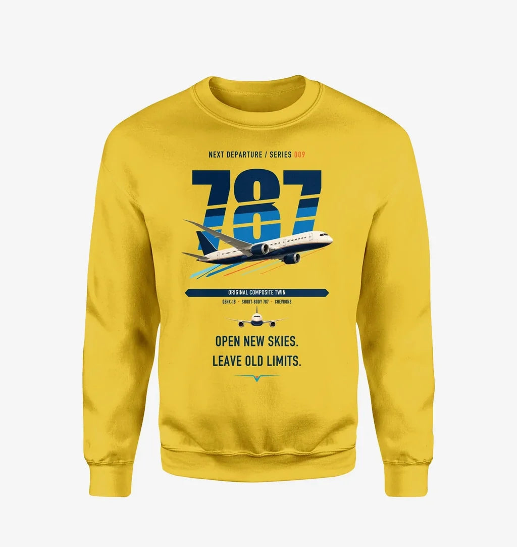 Boeing 787-8 Dreamliner design on yellow sweatshirt