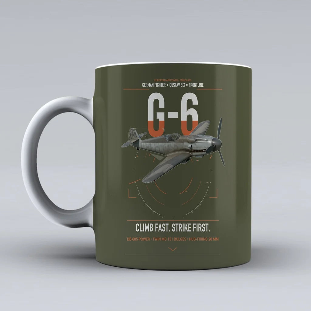 Messerschmitt Bf 109G-6 design on green army ceramic mug, double-side print