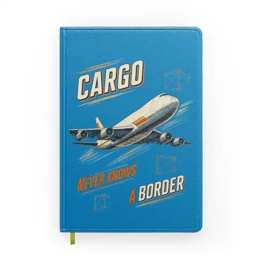 Cargo Never Knows A Border design on turquoise notebook