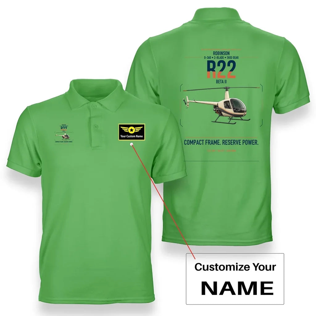 Robinson R22 Beta II design on light green+name double-side polo t-shirt, double-side print