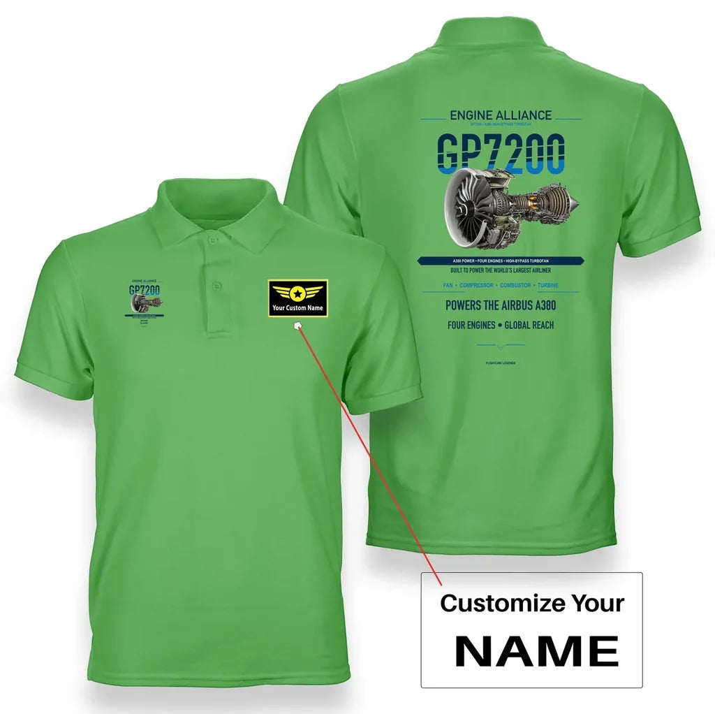 GP7200 design on light green polo with custom name badge