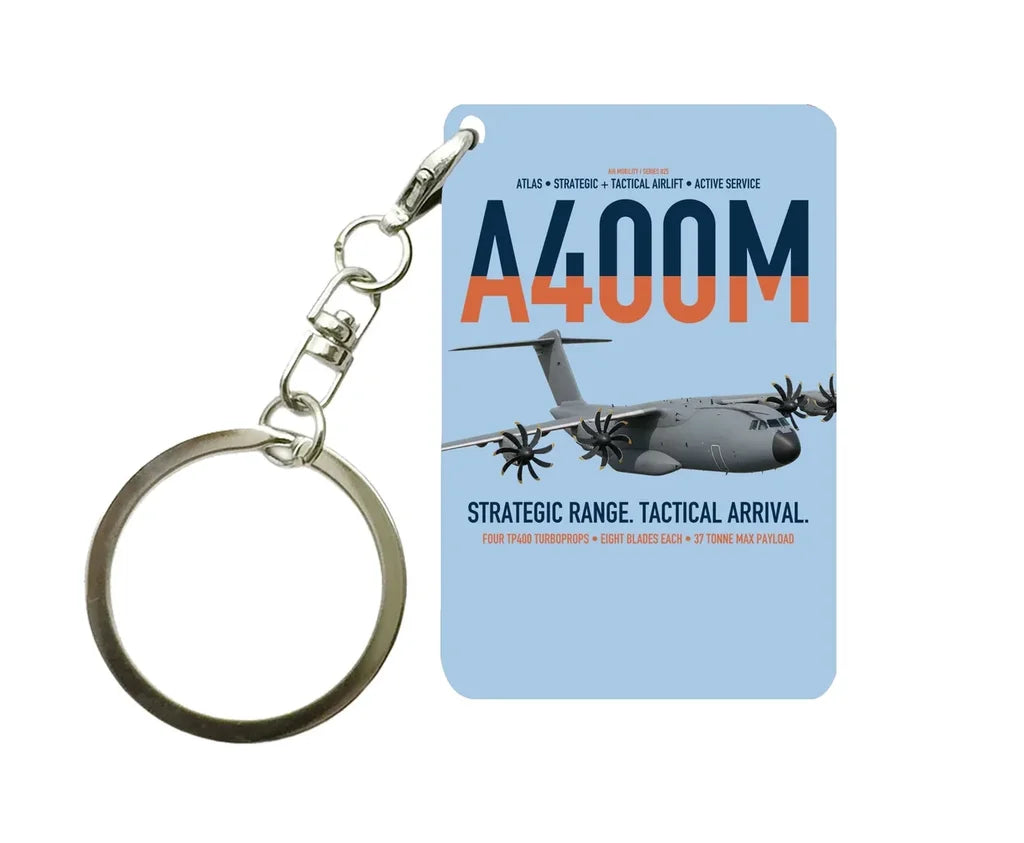 Airbus A400M Atlas design on light blue designed key chain, double-side print